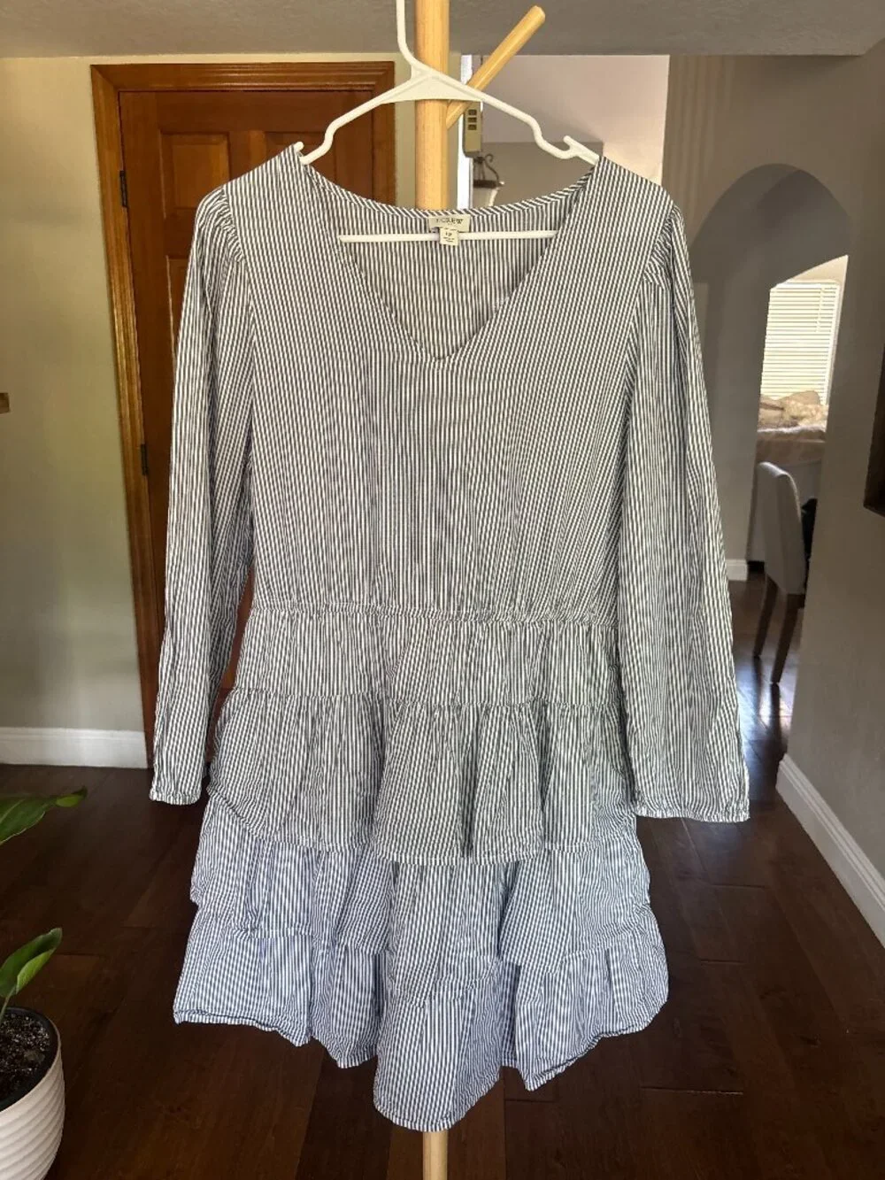 J.Crew Navy White Stripe Long Sleeve Tiered Midi Dress Size 12 Wedding Guest